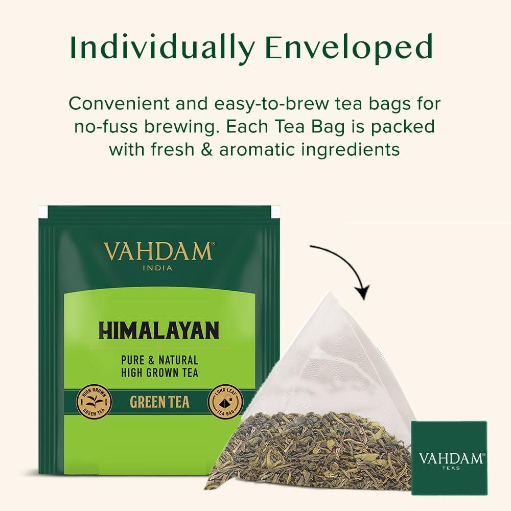 VAHDAM VAHDAM, Original Himalayan Green Tea (15 Count) High Grown, Non GMO, Gluten Free, Med Caffeine | Earthy, Smooth & Refreshing | Resealable & Individually Wrapped | Plant-Based Pyramid Tea Bags