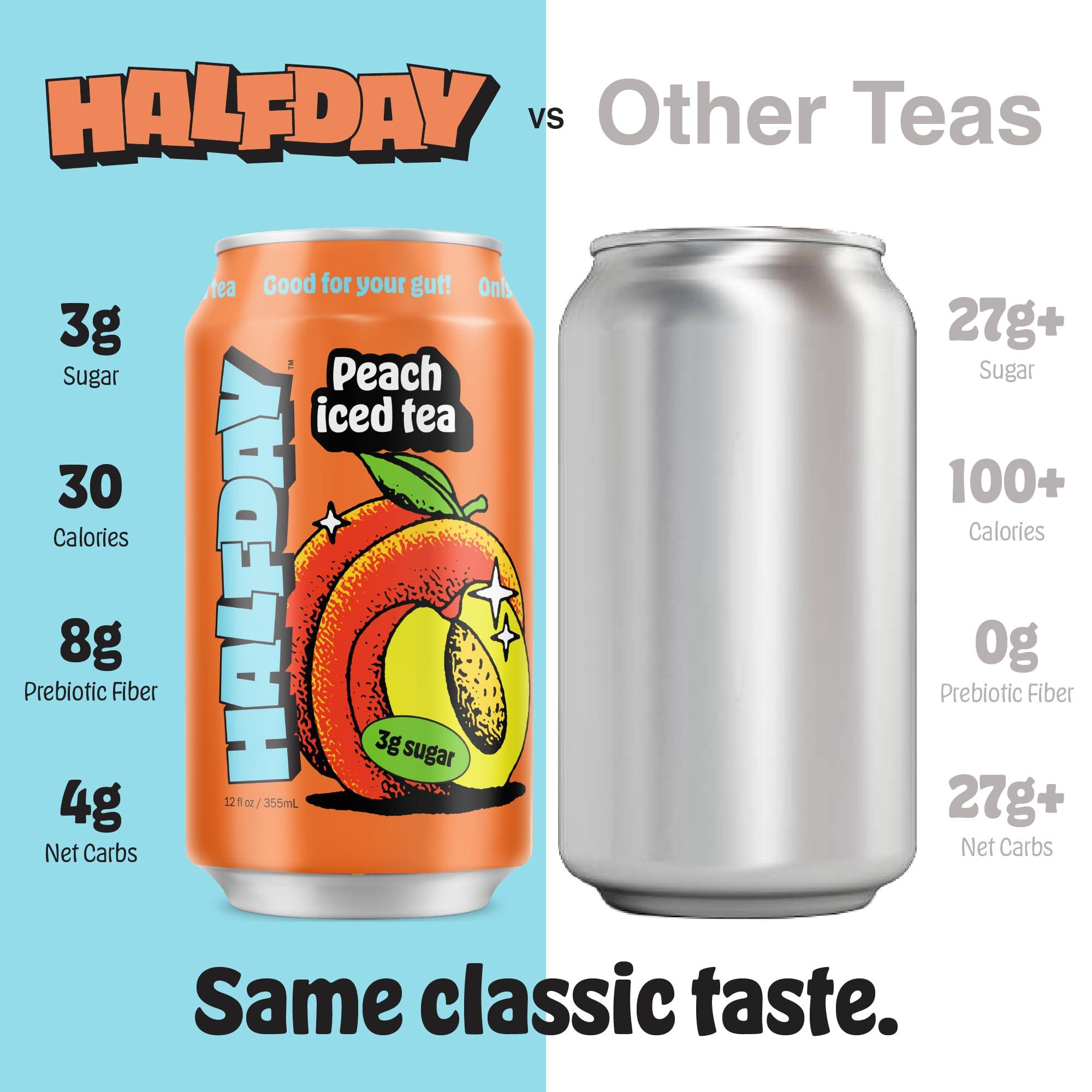 Halfday HALFDAY Prebiotic Peach Iced Tea Cans, Supports Digestive & Gut Health, 8g Plant Fiber & Prebiotics, Low Sugar, 30 Calories, Organic Tea, Natural Caffiene, Gluten Free, Keto, 12 fl oz (12 pack)