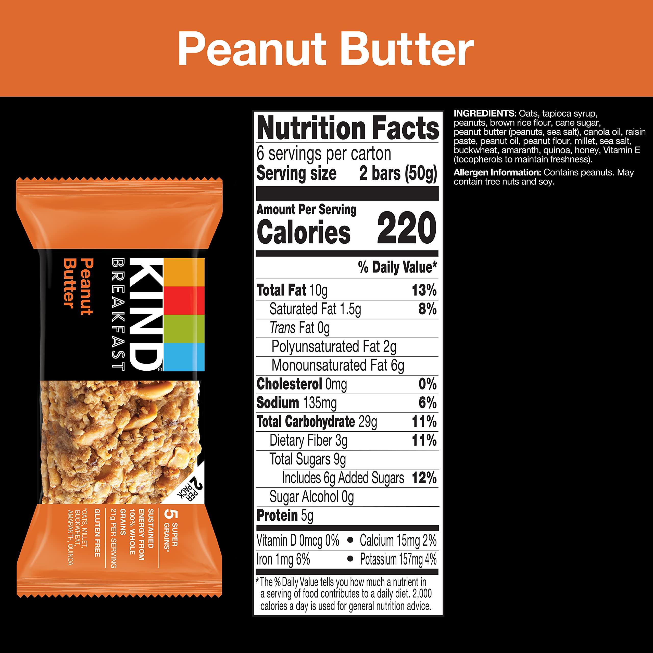 KIND KIND Breakfast Bars, Healthy Snacks, Peanut Butter, Gluten Free, Whole Grains and Oats, 5g Protein, 30 Count