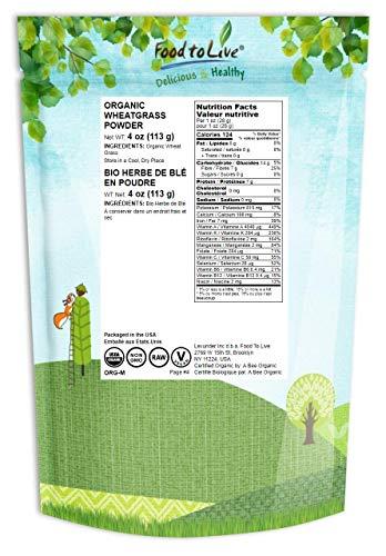 Food to Live Food to Live Organic Wheatgrass Powder, 4 Ounces — Non-GMO, Whole-Leaf, Raw, Non-Irradiated, Pure, Vegan Superfood, Bulk, Great for Juice, Rich in Fiber, Chlorophyll, Fatty Acids and Minerals