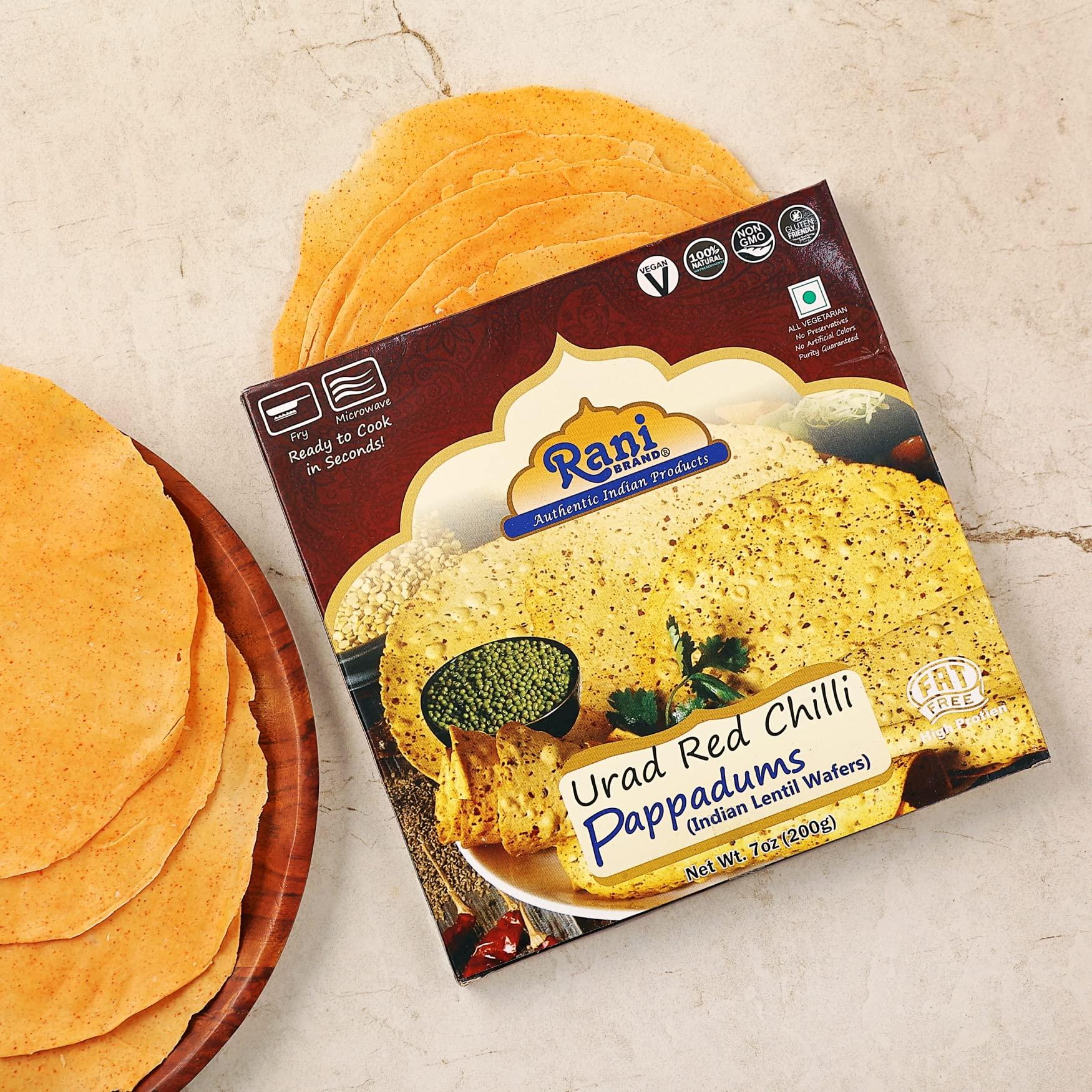 Rani Brand Authentic Indian Products Rani Pappadums (Indian Lentil Wafer Snack) Red Chilli Papad 7oz (200g) Approximately 15pc, 7 inches ~ All Natural | Gluten Friendly | NON-GMO | Vegan | Indian Origin