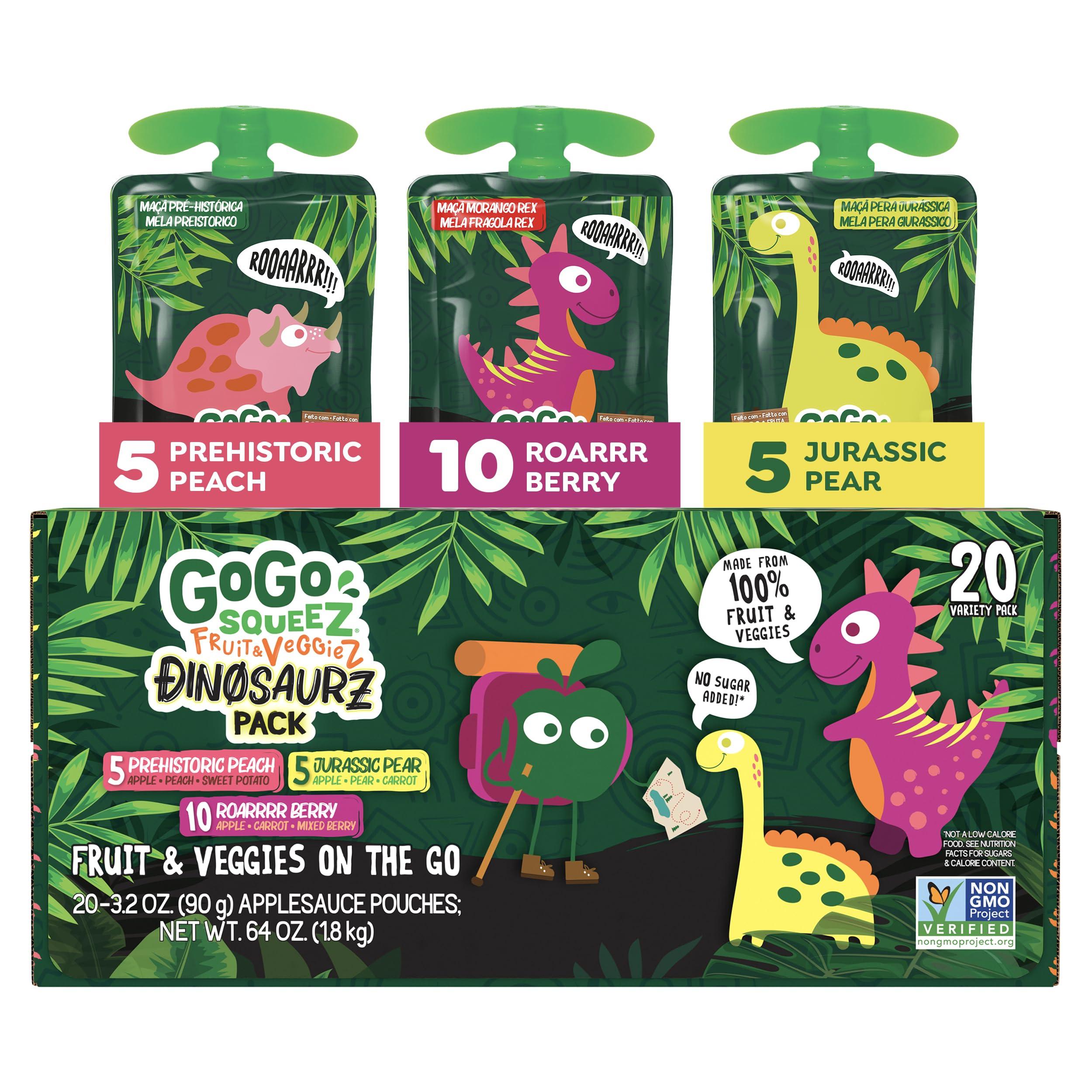 GoGo SqueeZ GoGo squeeZ Fruit & veggieZ Applesauce and Puree Variety Pack, Jurassic Pear, Roarrrr Berry & Prehistoric Peach, 3.2 oz (Pack of 20), Unsweetened Snacks for Kids, BPA Free Pouches