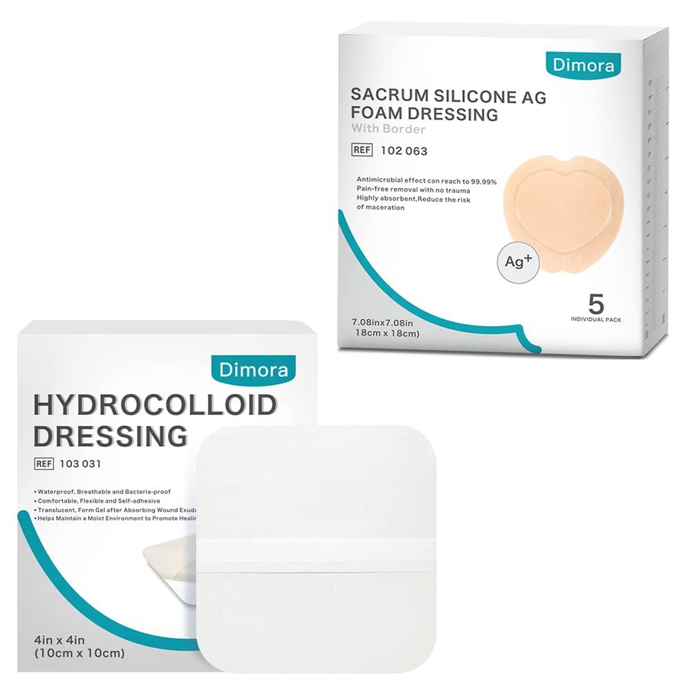 Dimora Hydrocolloid Wound Dressing, 10 Pack Ultra Thin 4\" x 4\" + Ag Silver Sacrum Foam Wound Dressing Bandages Silicone Adhesive Border 7\"x7\"