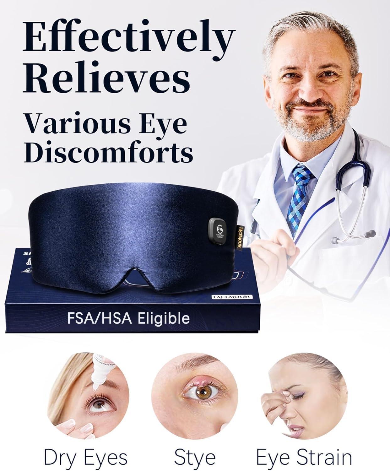 FACEMOON Heated Eye Mask for Dry Eyes - Silk Cordless Warm Eye Compress Moist Heat, FSA HSA Eligible, Eye Heating Pad for Dry Eyes, Stye Treatment, Eye Strain, Travel, Washable, Rechargeable, Blue