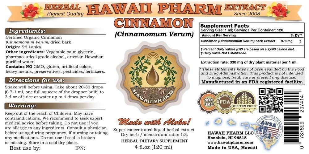 HawaiiPharm Cinnamon Liquid Extract, Cinnamon (Cinnamomum Verum) Bark Powder Tincture Supplement 4x4 oz