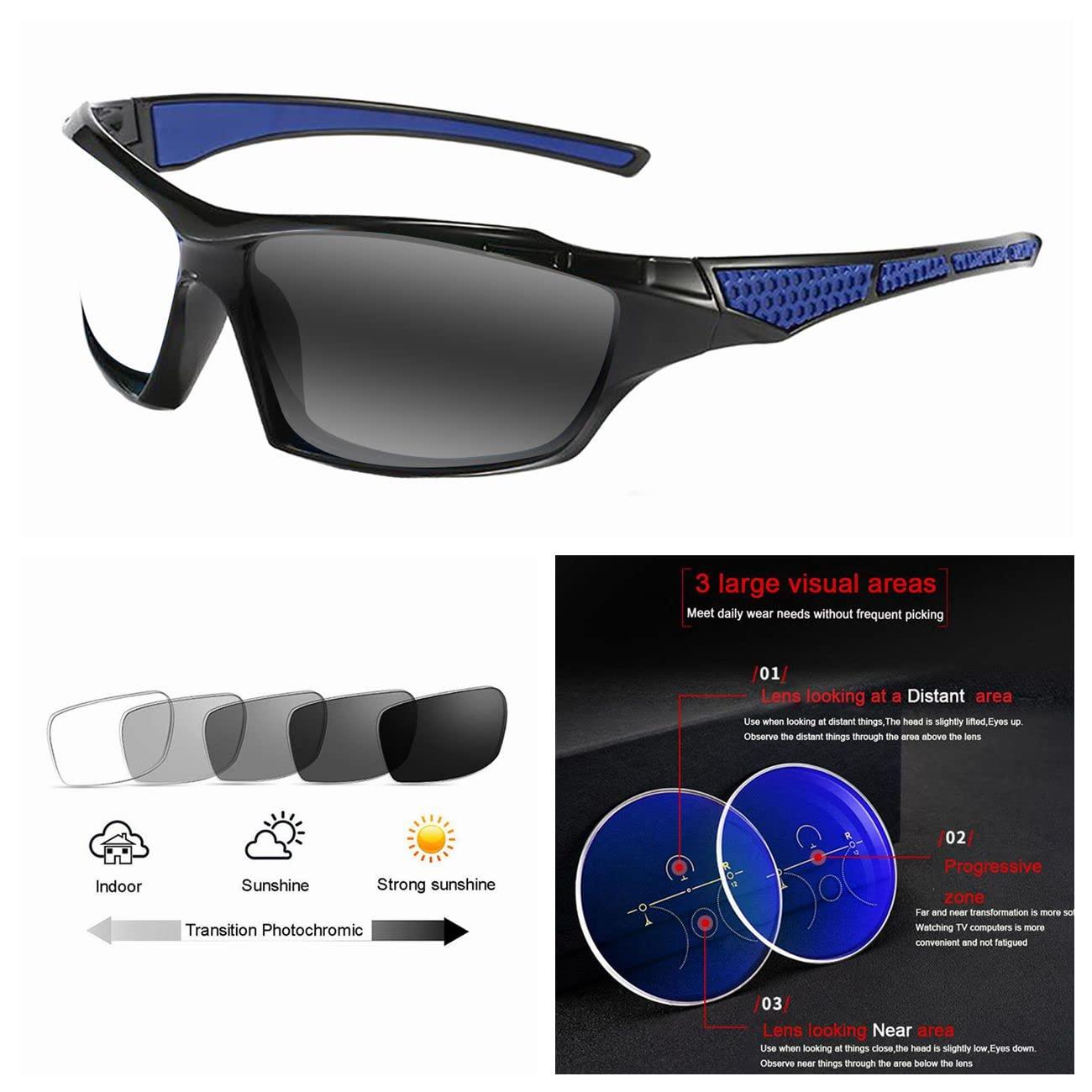 EFLAL EFLAL Multifocal Progressive Men Women Sport Outdoor Cycling Golfing Varifocal Transition Photochromic Reading Glass (Black Blue, 3, multiplier_x)