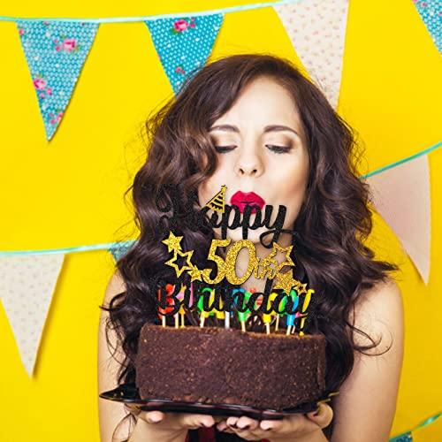 YunJingJia 50th Birthday Cake Topper, Black Gold Glitter Cupcake Topper for Happy 50th Birthday Party Decorations Supplies for Men or Women