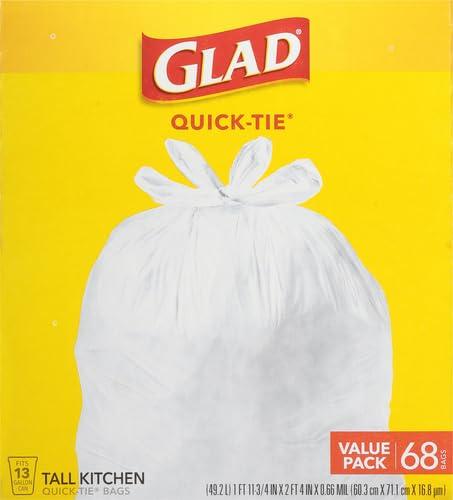 Glad Glad Tall Kitchen Quick-Tie Trash Bags, 13 Gallon, White, 68 Count, Pack May Vary (Pack of 2)