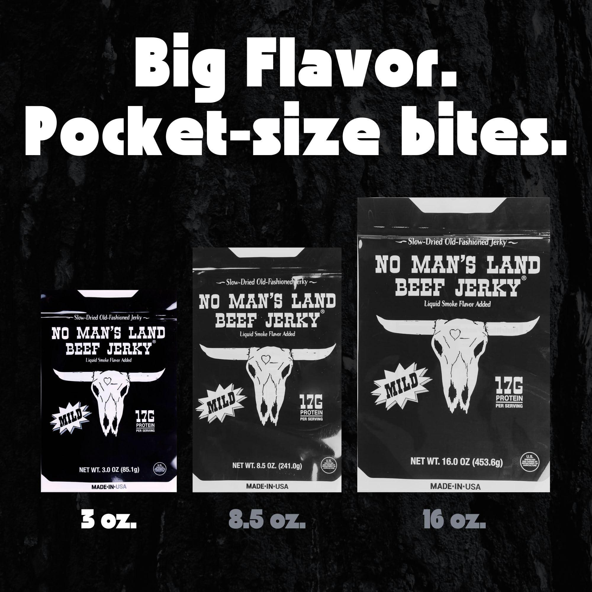 NO MANS LAND BEEF JERKY No Man’s Land MILD Beef Jerky High Protein Low Calorie Low Carb Beef Snack 3.0oz Bag