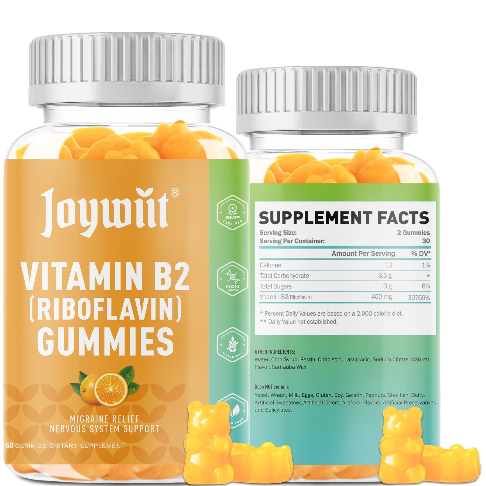 Joywiit Joywiit Vitamin B2 Gummies | Riboflavin 400mg | b2 Vitamin 400mg Chewable for Adults and Kids, Migraine Relief & Energy and Nervous System Support, Non GMO, Vegan - 120 Counts