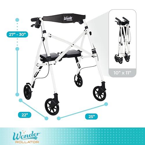 Stander Stander Wonder Rollator Short, Lightweight Junior Folding-Walker for Seniors and Adults, Travel Space-Saver-Rollator, Petite Four Wheel Walking Aid with Seat, Vivid White