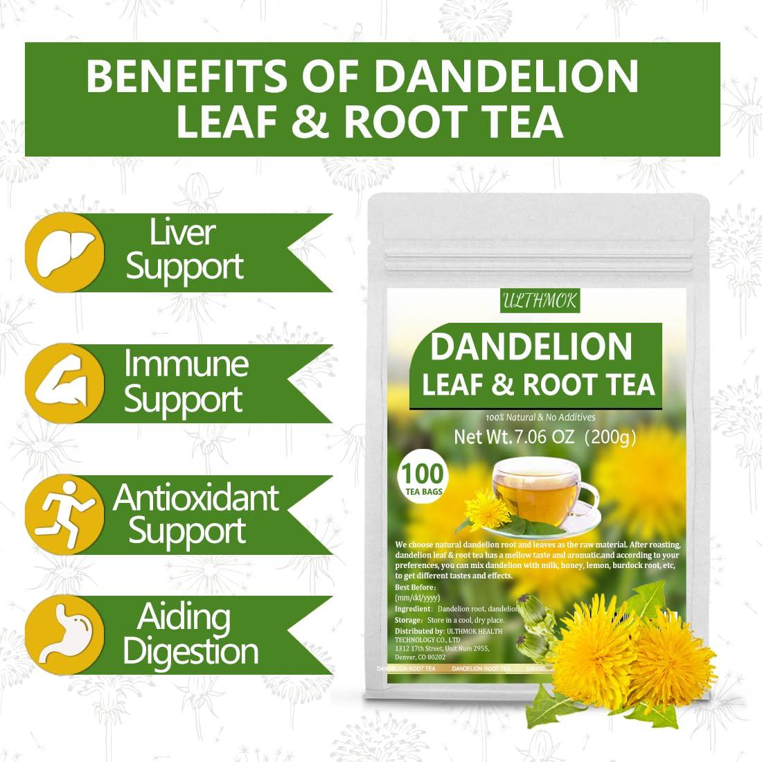 ULTHMOK Premium Dandelion Leaf & Root Tea,100 Tea Bags/7.06Oz,for Liver & Kidney Health,Roasted Detox Herbal Tea. Support Digestion & Boost Immune System, Caffeine Free.