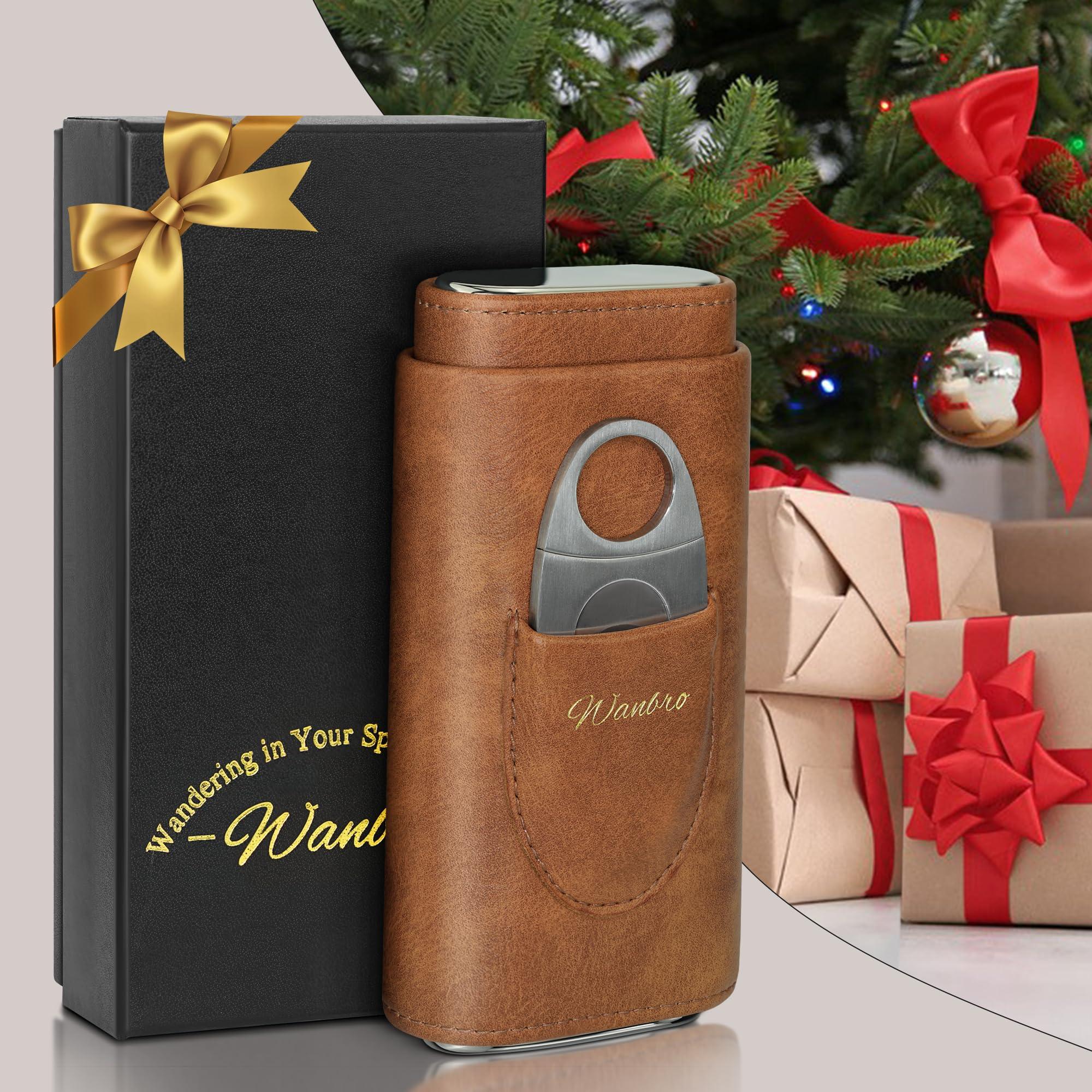 wanbro wanbro Cigar Case, 3pcs Holder, Cigars Travel Case, Cedar Lined, Leather Made Cigar Humidor with Stainless Cutter, Christmas gift for men dad
