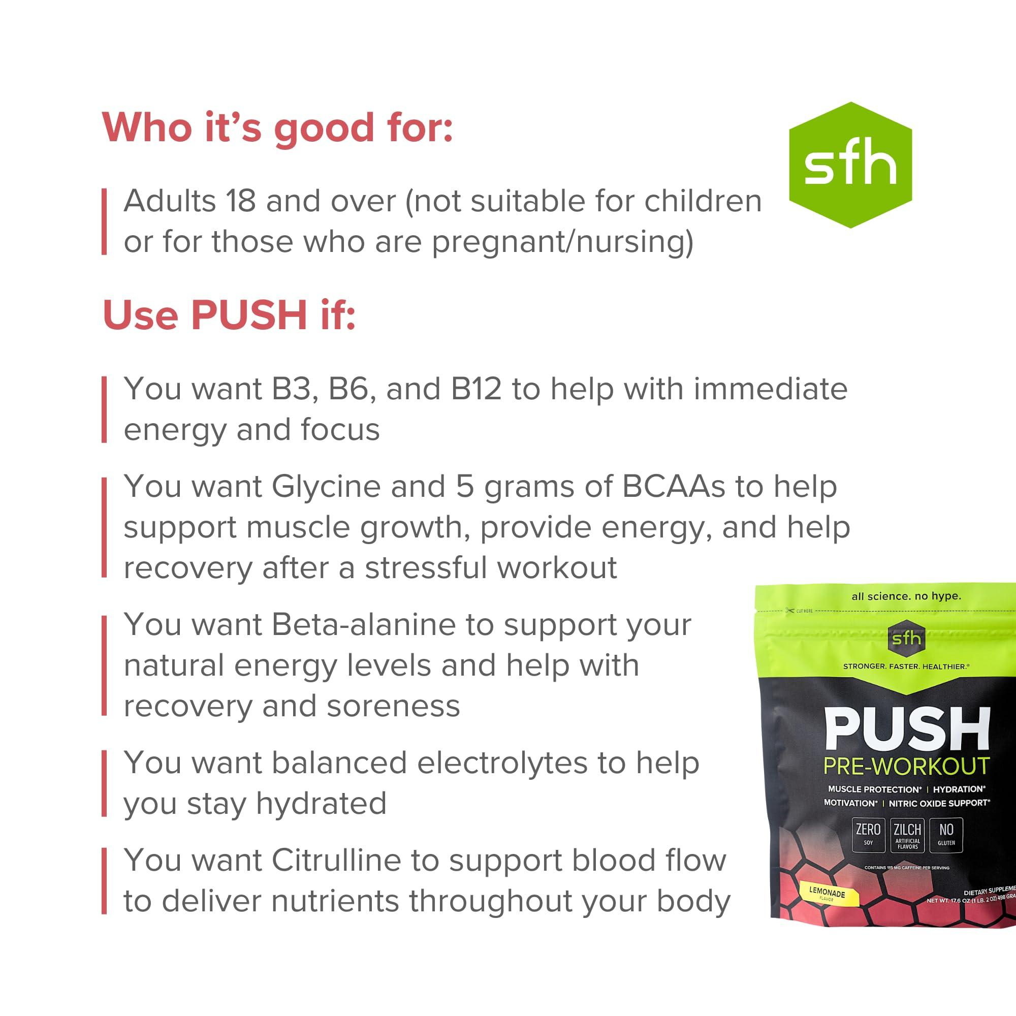 SFH SFH Push Pre-Workout Powder (Lemonade) BCAAs for Muscle Repair | Electrolytes | Non-Dairy, No Artificial Flavors, Colors, Sugar, Soy, Gluten, or GMOs (Bag)