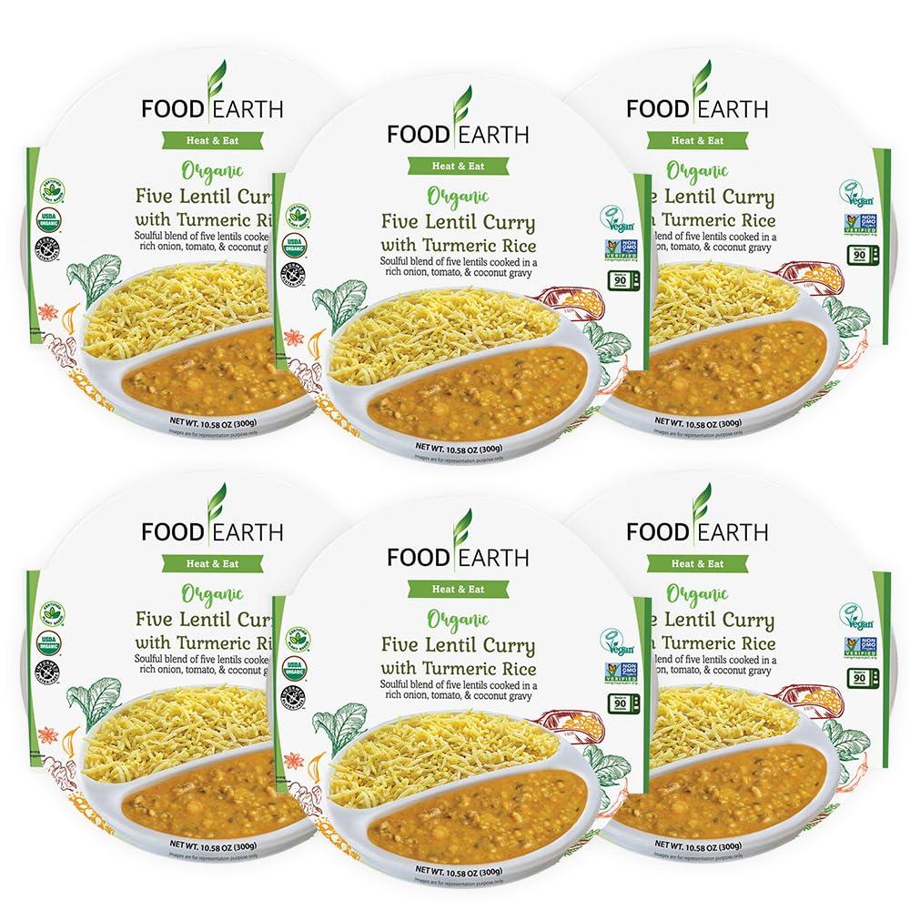 Food Earth Food Earth Ready to Eat Indian Cuisine - Five Lentil Curry with Turmeric Rice - Microwavable, Pre-packaged & Lunchable- Organic, Vegan, Gluten-Free, GMO-Free, Plant-Based - 10.58 oz each - Pack of 6