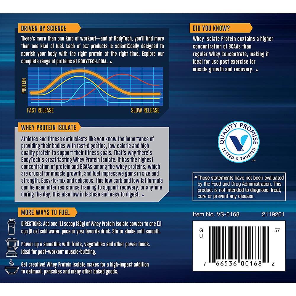 BODYTECH BodyTech Whey Protein Isolate Powder - 25 Grams of Protein per Serving with BCAAs, Ideal for Post-Workout Muscle Building & Growth, Unflavored, Contains Milk & Soy (1.5 Pound/ 22 Servings)