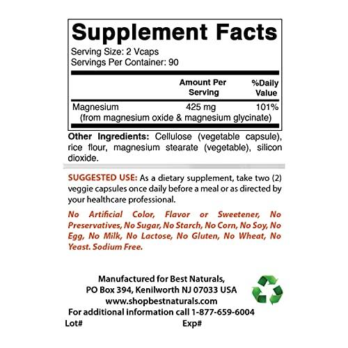 Best Naturals Best Naturals Magnesium 425 mg 180 Veggie Capsules - High Absorption Magnesium Glycinate & Magnesium Oxide Chelated, Non-GMO, Gluten Free Muscle Relax (180 Count (Pack of 3))