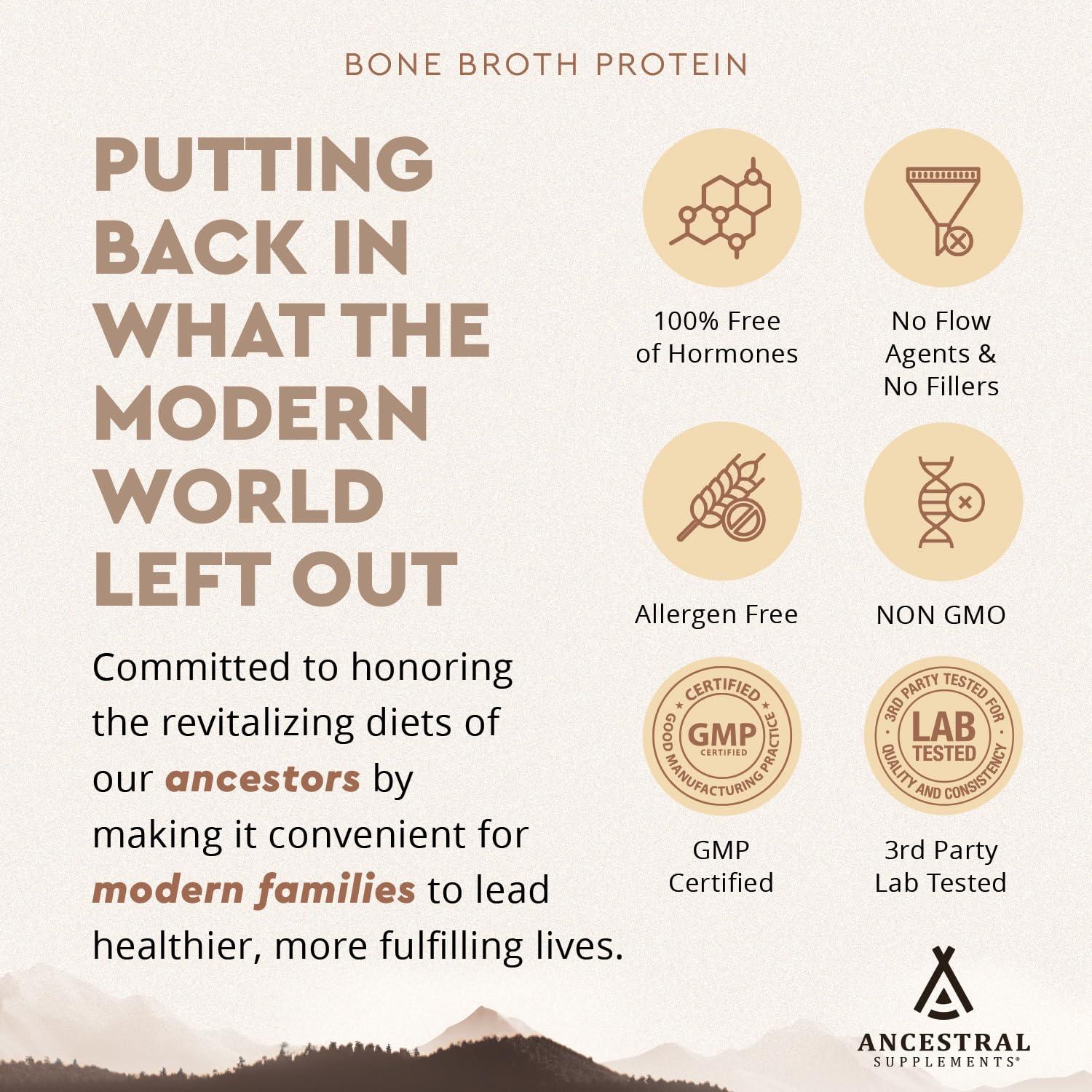 Ancestral Supplements Ancestral Supplements Grass Fed Protein Powder, Chocolate, Beef Bone Broth Based w/Beef Organs & Organic Mushrooms, Gut Health Support, High Protein Supplement, 20g Protein Per Serving, 30 Day Supply