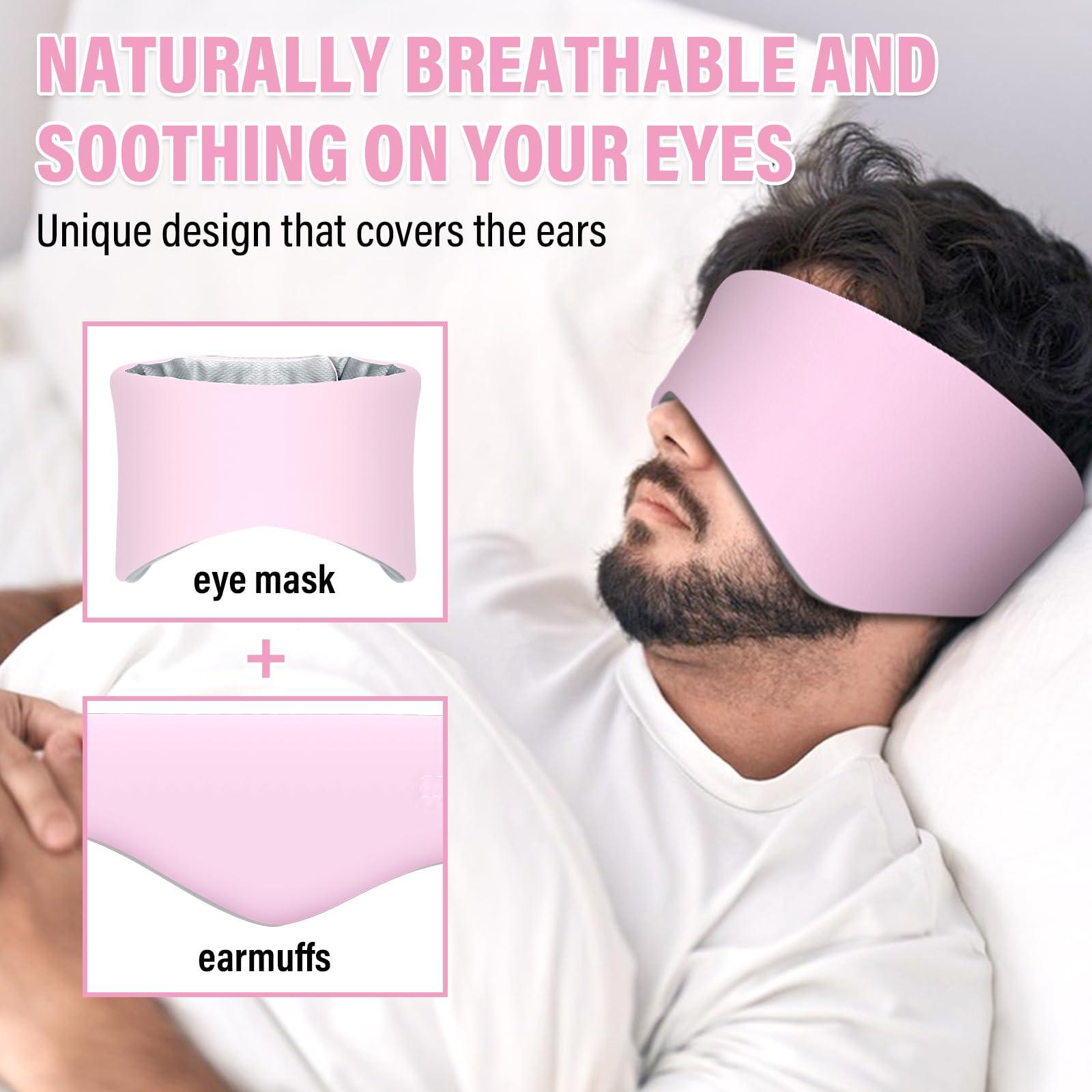 spacepower Sleep Mask, Eye Mask for Sleeping with Heads Adjustable, Earmuffs for Sleep for Men & Women, 2 in 1 Ear Mask and Blindfold, Soft Dual-Sided All-Season Eye Cover for Side Sleepers (Pink)