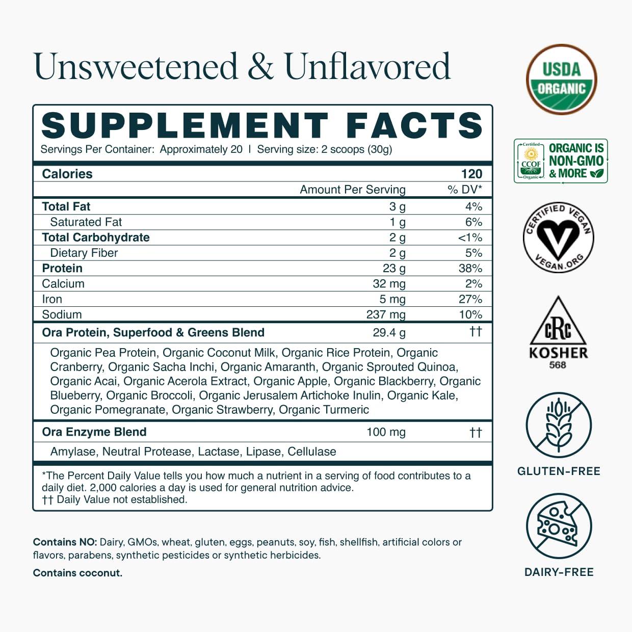 Ora Organic Ora Organic Vegan Protein Powder - 23g Plant Based Pea Protein + Superfood for Women and Men - Unsweetened 20 Servings, No Erythritol, Digestive Enzyme, Keto-Friendly, Gluten-Free, Paleo, Soy-Free