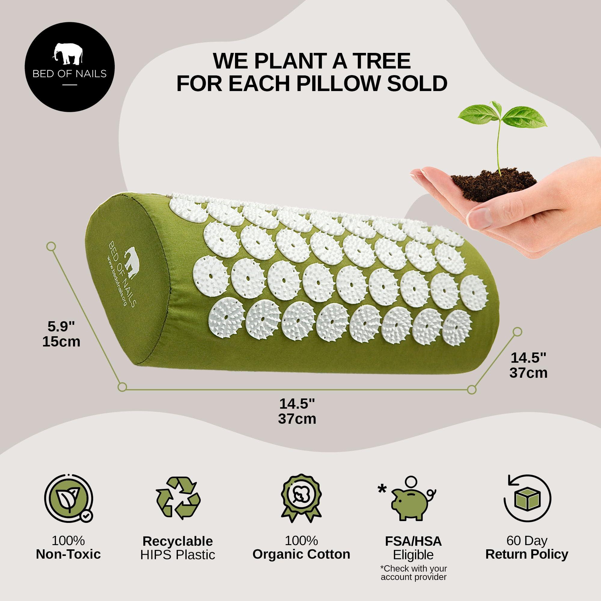 Bed of Nails BED OF NAILS Original Comfortable Acupressure Lumbar Cushion Pillow, 2142 Acupuncture Pressure Points, Neck Pain Relief, Increased Energy, Relaxation, FSA/HSA Eligible, Drawstring Bag, 15x6x4, Green