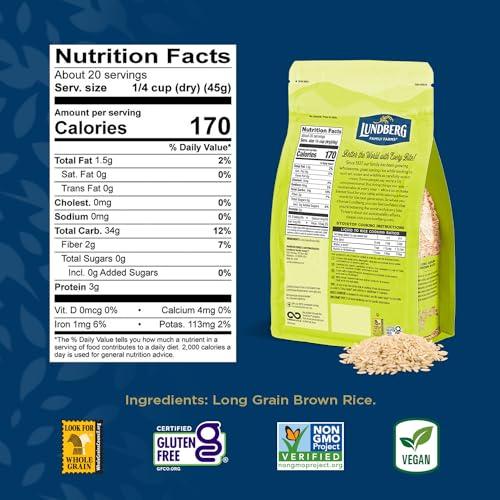 Lundberg Lundberg Family Farms - Brown Long Grain Rice, Rich & Nutty, Firm Texture When Cooked, 100% Whole Grain, High in Fiber, Vitamins & Minerals, Pantry Staple, Gluten-Free, Non-GMO, Vegan, Kosher (32 oz)