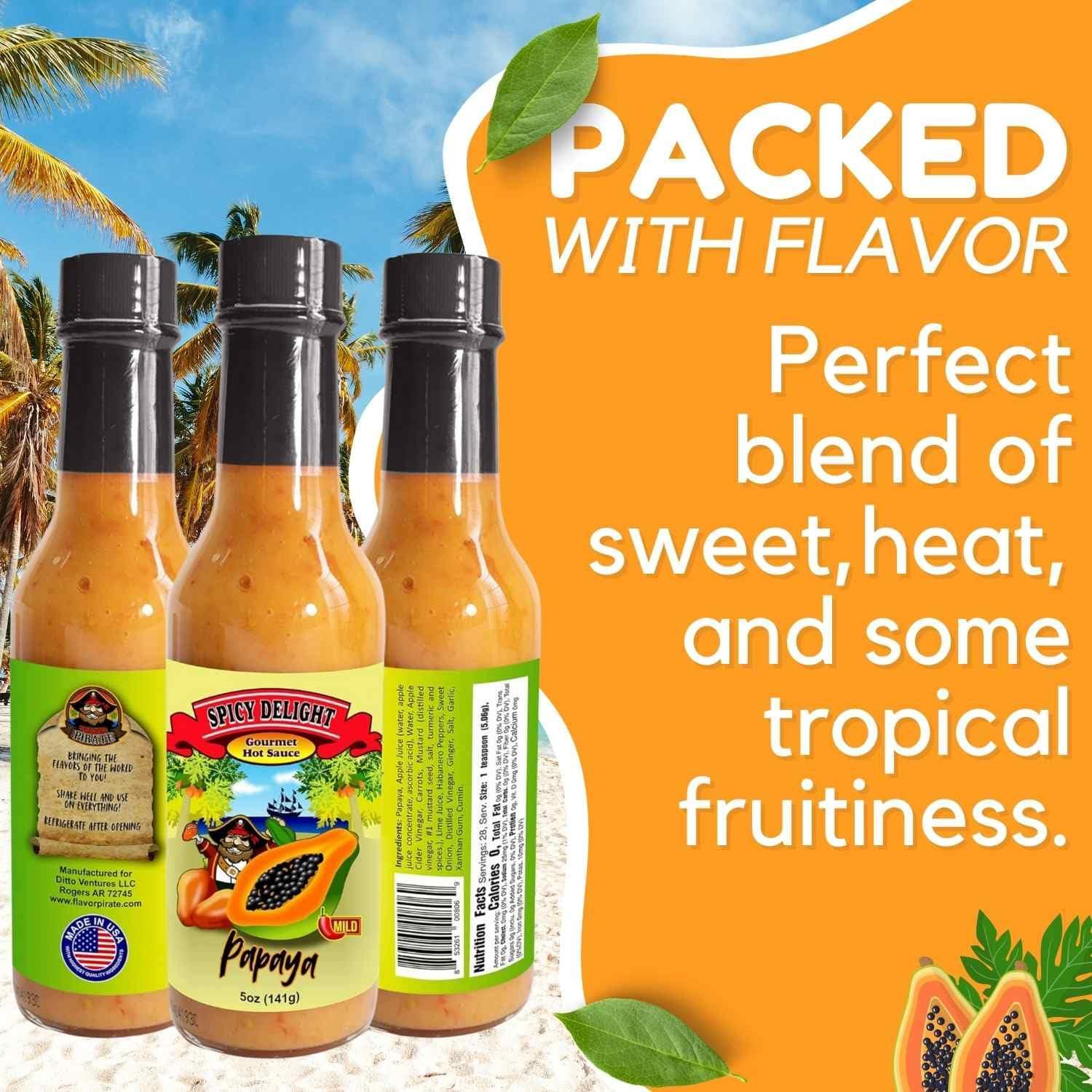 Flavor Pirate Spicy Delight Papaya Habanero Hot Sauce - Aruba Hot Sauce Made With Habanero Pepper, Papaya, and Spices, Caribbean Inspired Sweet Spicy Sauce, Gluten Free, Vegan, 2-pack