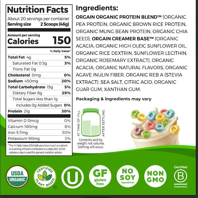 Orgain Orgain Organic Vegan Protein Powder, Fruity Cereal - 21g Plant Based Protein, 8g Prebiotic Fiber, Low Net Carb, No Lactose Ingredients, No Added Sugar, Non-GMO, For Shakes & Smoothies, 2.03 lb