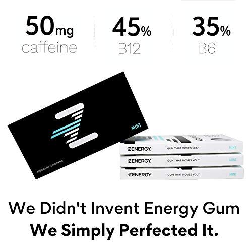 ZENERGY ZENERGY Energy Gum - Mint Flavor | 50mg Caffeine + 35% B6 and 45% B12 Vitamin | Vegan, 0 Sugar, 0 Calories, 0 Gluten, 0 Aspartame, Non-GMO, Instant Action | 3 Pack = 24 Count