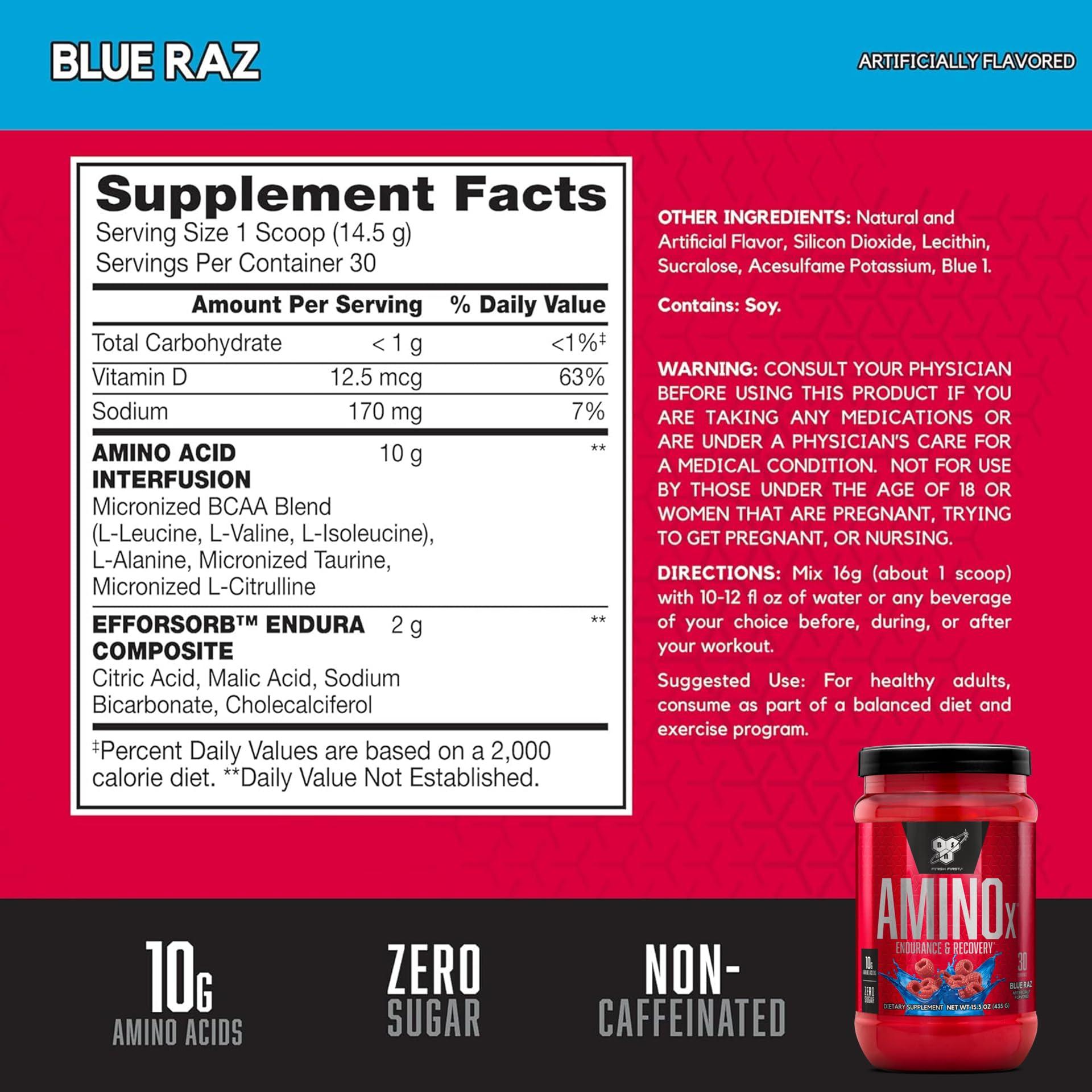BSN BSN Workout Bundle of NO XPLODE Pre Workout Powder Blue Raz, 30 Servings AMINO X Muscle Recovery Intra Workout Support, Caffeine Free Blue Raz, 30 Servings
