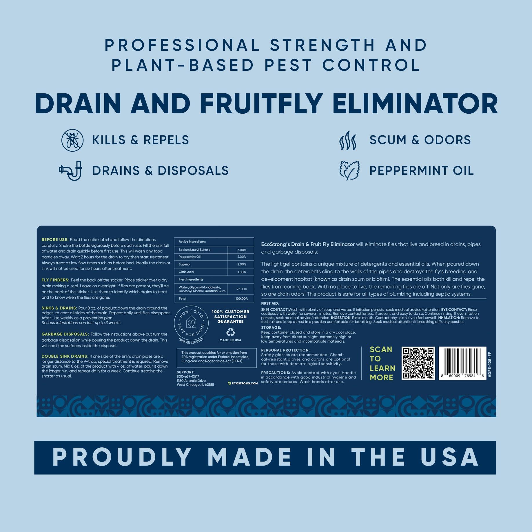 Eco Strong Fruit Fly Drain Treatment | Drain Fly Eliminator | Eliminates Gnats, Sewer Flies and More - Works in All Drains - 128 Fl Oz w Fly Finder
