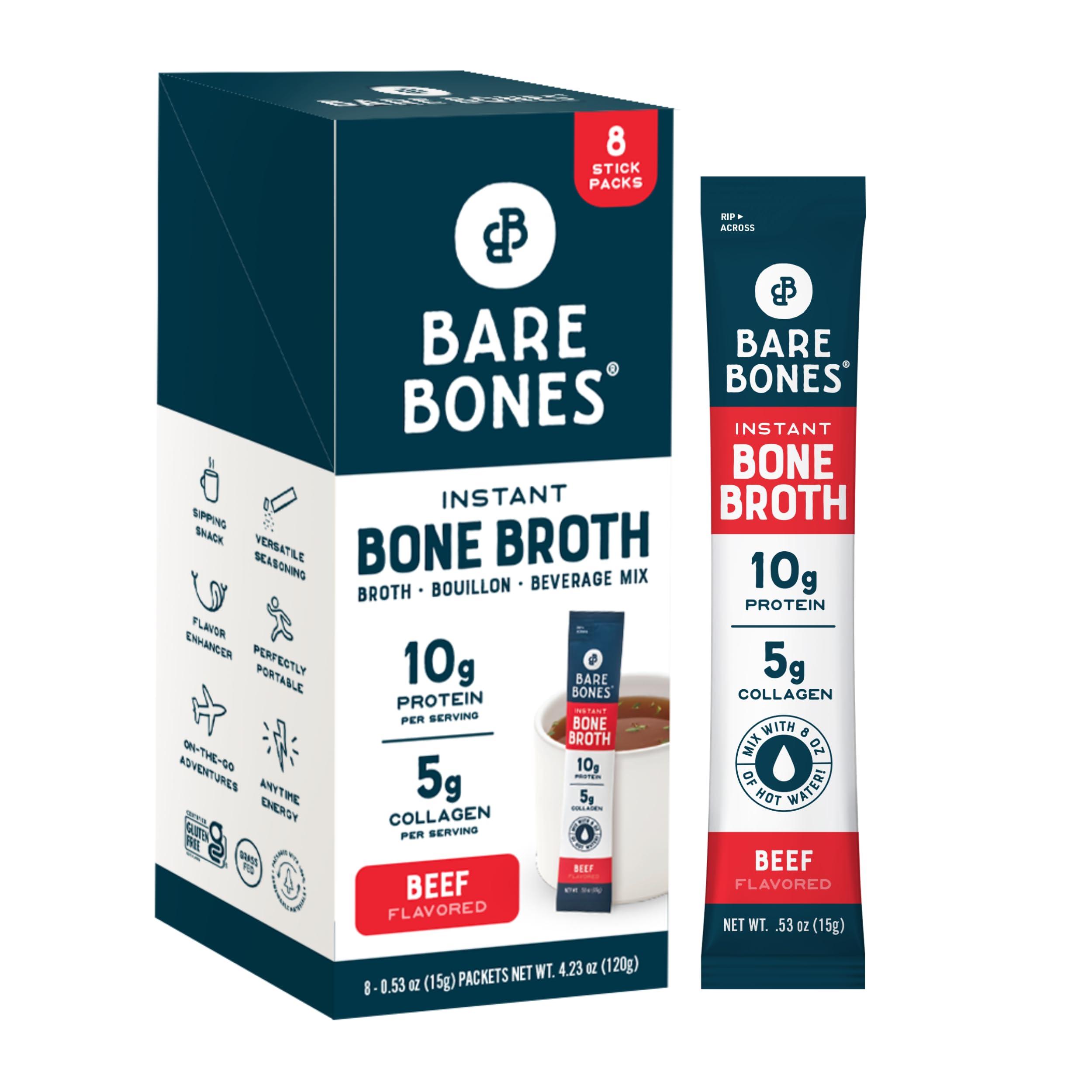 Bare Bones Bare Bones Beef Bone Broth Instant Powdered Mix | Rich Savory Packets on-the-Go No Artificial Flavors | 100% Grass Fed Keto & Paleo Friendly | 10g Protein | 8 Pack