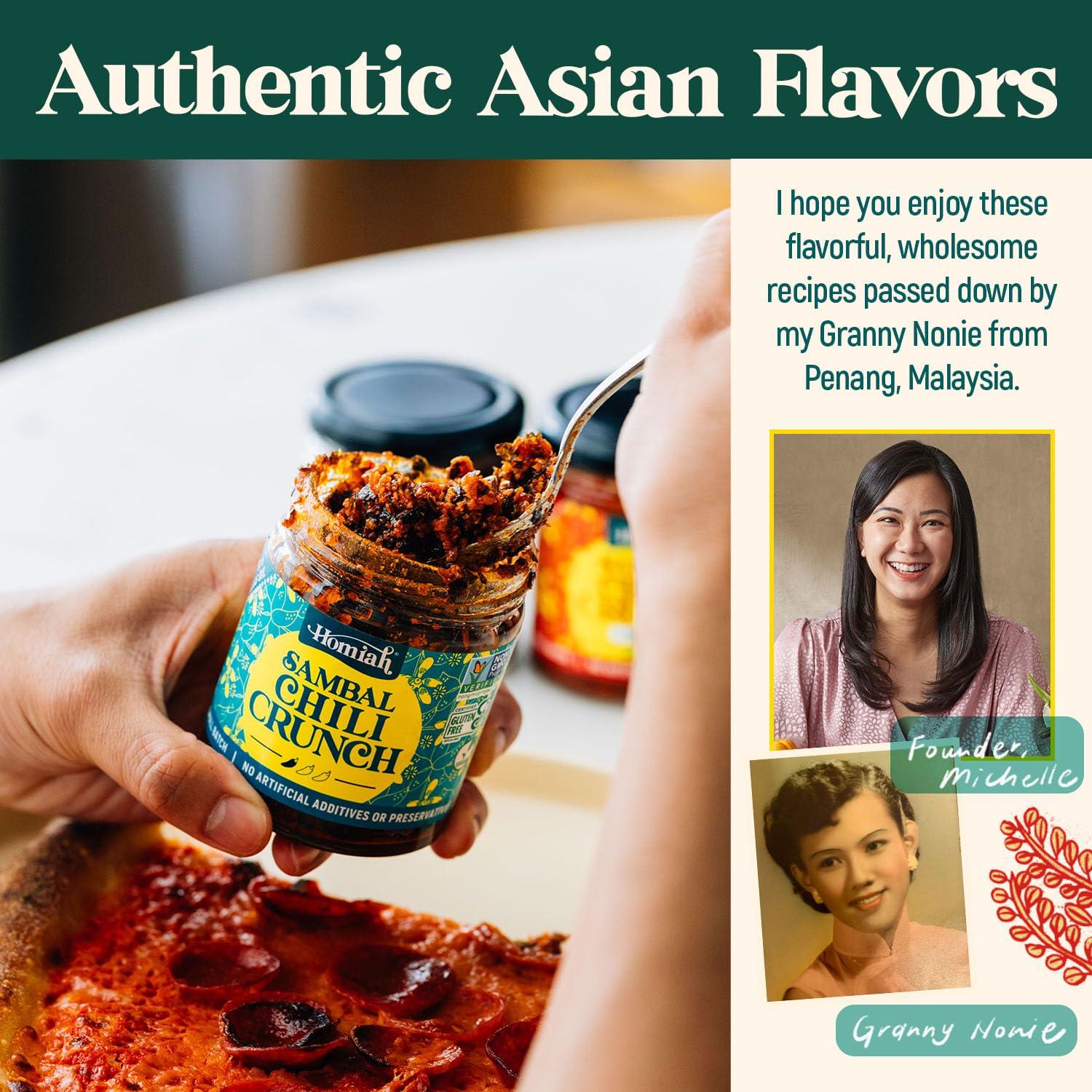 Homiah Homiah Sambal Chili Crunch, 6oz - Less Oil Low Sodium Gluten Free Vegan, Sambal Oelek Chili Paste, Crispy Chili Crunch Topping with Seaweed - Mild