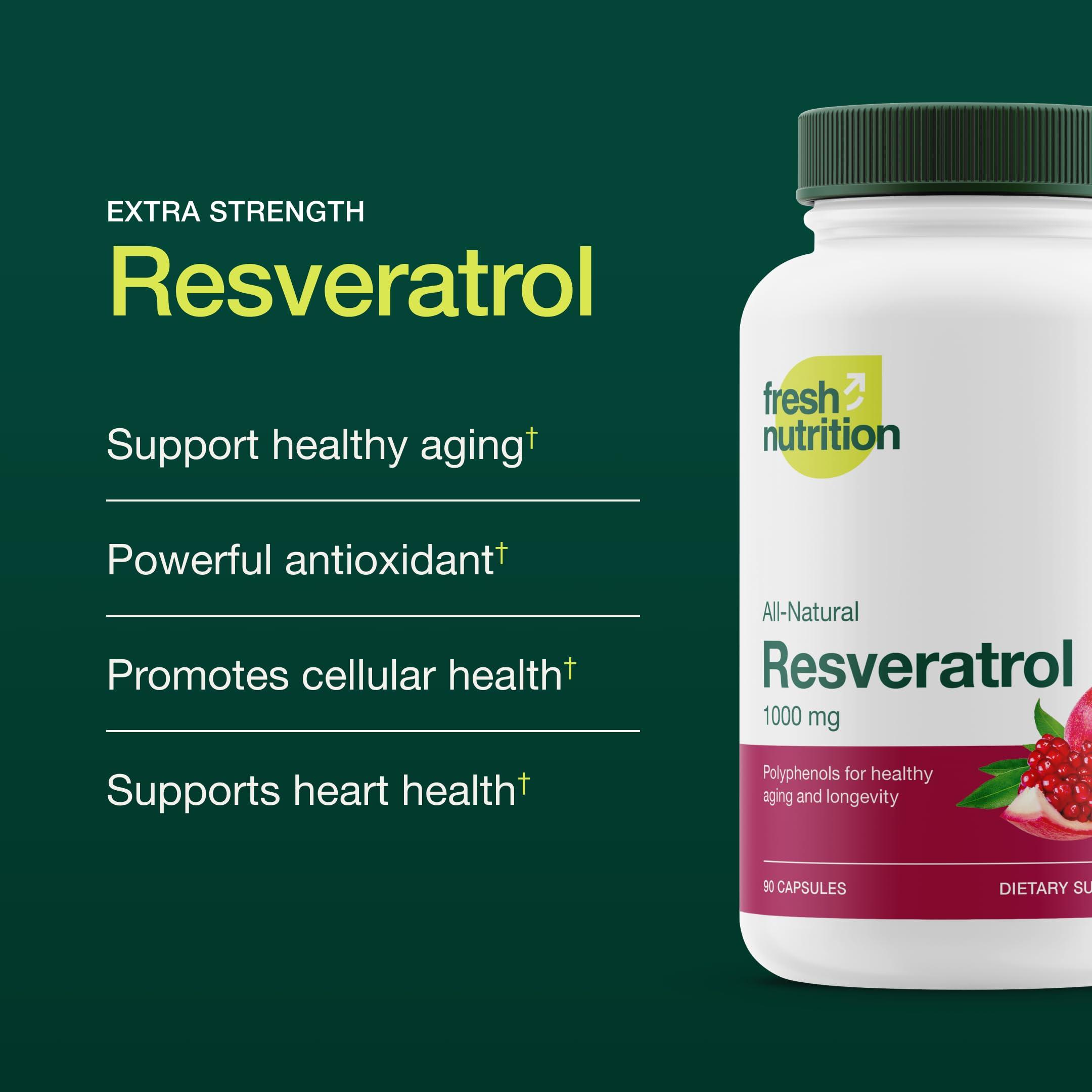 Fresh Nutrition Resveratrol Supplement - Trans-resveratrol Extra Strength 750mg - Natural, Pure and Potent Polyphenols Supplement - Vegan, Non GMO, Gluten-free - 90 Capsules