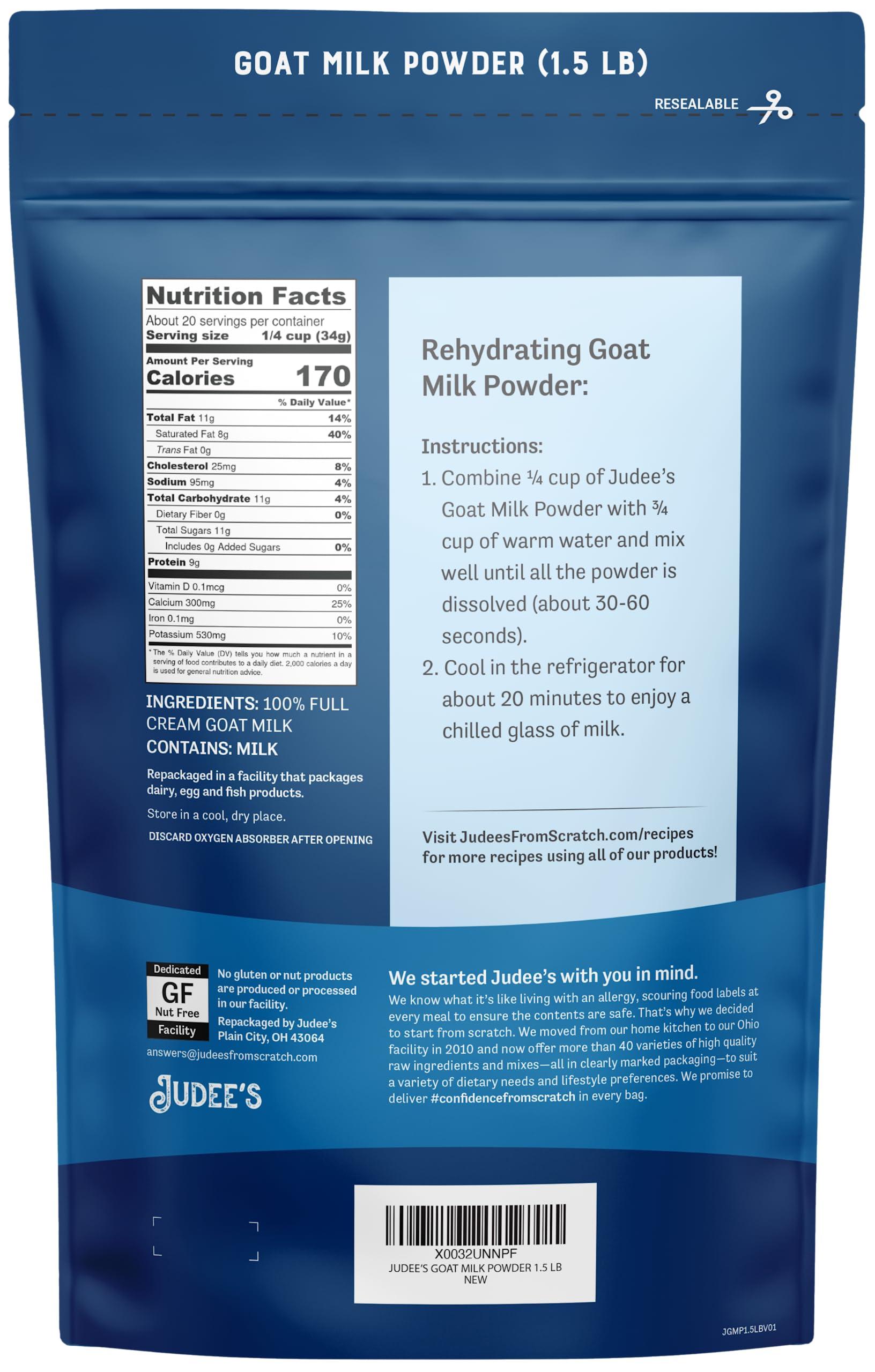 Judee's Gluten Free Judee's Goat Milk Powder 1.5 lb - Blends Well in Smoothies and Great for Baking - Convenient for Travel, Hiking, and Camping - Non-GMO, Gluten-Free and Nut-Free