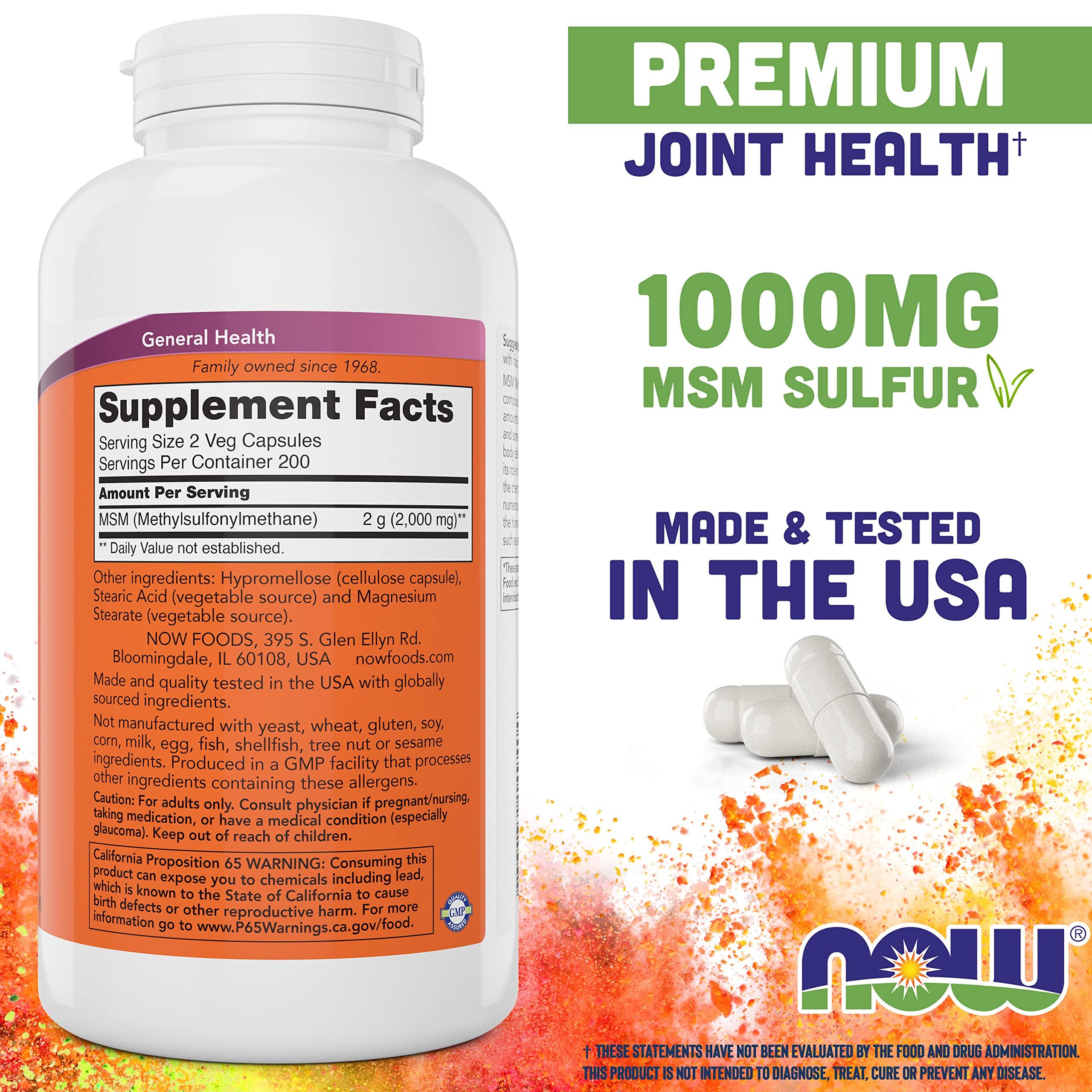 NOW NOW MSM 1000mg, 400 Veg Capsules (Pack of 2) Methyl-Sulphonyl-Methane, Made in USA, Sulfur Supplement, Joint Health, Non-GMO, Vegan/Vegetarian Friendly