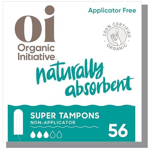 oi Oi | Organic Initiative - 100% Certified Organic Cotton Non-Applicator Tampons | Ultra-Absorbent, Unscented, Natural, Non-Toxic, Applicator Free | Super | 56 Tampons