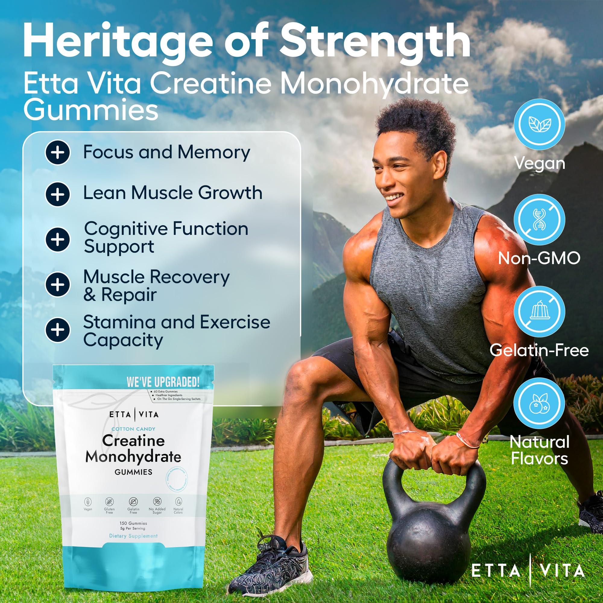 Etta Vita Sugar-Free Creatine Monohydrate Gummies (1g/Gummy) Potent Creatine Gummies for Men & Women, Creatine Supplement for Muscle Support, Cellular Energy, Cognitive Function - Non-GMO, Gluten-Free, Vegan