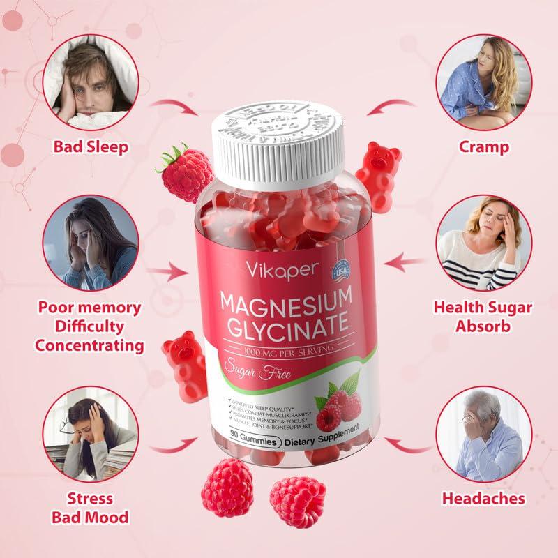 VIKAPER Magnesium Glycinate Gummies 1000mg Sugar Free,Magnesium Potassium Supplement with Vitamin D3,B6 to Sleep,Stress,Muscle Relief,Nerve Health Support for Adults,180 Raspberry Flavor Gummy