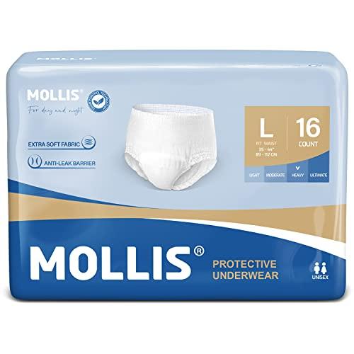 MOLLIS MOLLIS Adult Incontinence & Postpartum Underwear for Men and Women, Disposable Protective Underwear with Overnight Leak Protection, Odor Control, Large, 16 Count