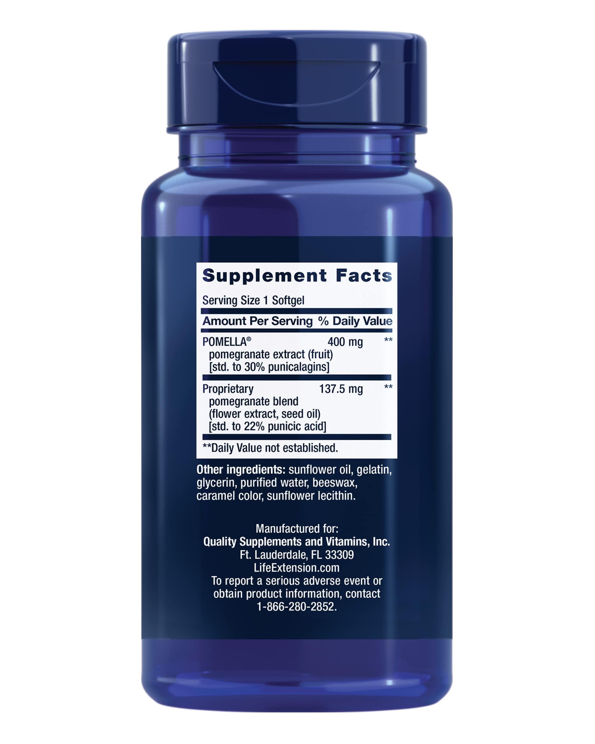 Life Extension Life Extension Pomegranate Complete, Fruit Extract, Flower, Seed Oil Extract, Cardiovascular Health, antioxidant Support, superfood Supplement, Gluten Free, Non-GMO, 30 softgels