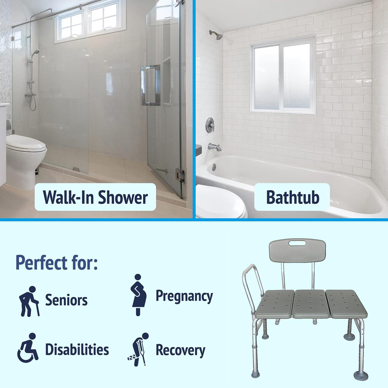 BIVVI BIVVI Transfer Bench for Bathtub,Shower Chair with Arms and Back,Shower Bench Stool Bath Chairs for Seniors,Elderly,Disabled,10 Adjustable Heights,Non-Slip Feet,330 lb Capacity,Silla de ducha,Gray A