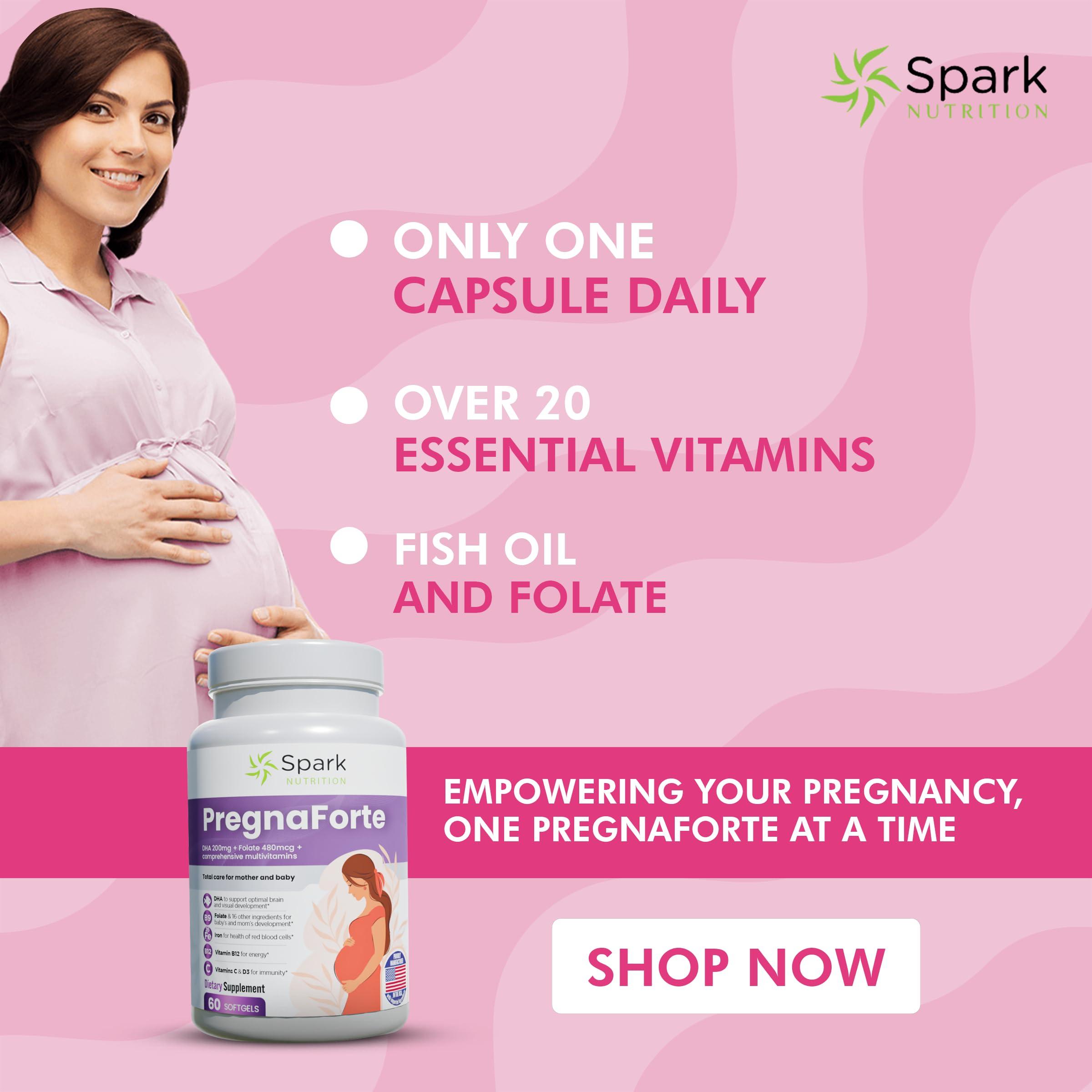 Spark Nutrition Pregnaforte 1 a day Prenatal vitamins for women 2 month: Folic acid, Fish Oil Omega 3 DHA/EPA, Vitamin D3, B6, Vitmain B12, C, E, Calcium, Iron, Magnesium, Zinc supplement FSA HSA eligble multivitamin
