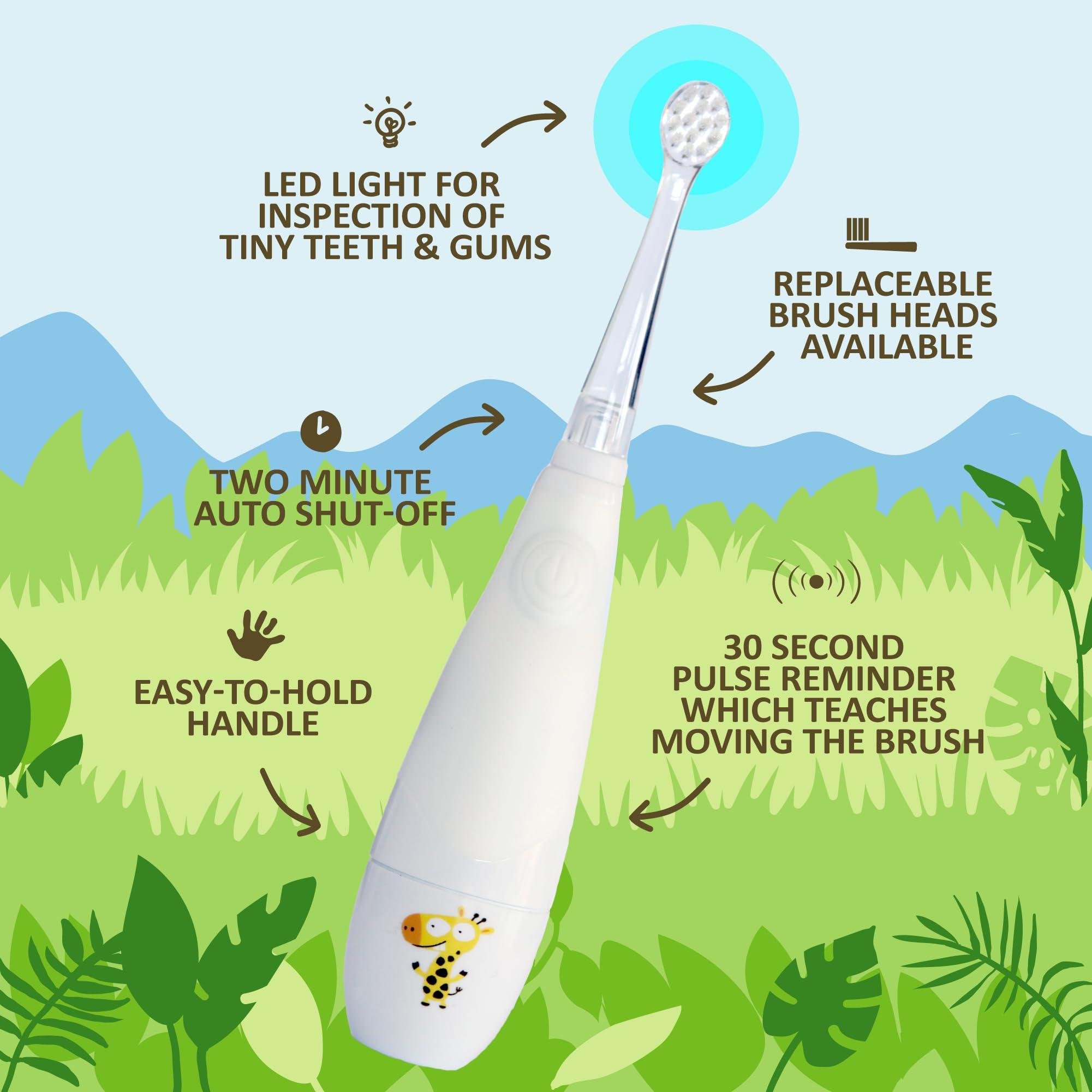 JACK N' JILL ................. SINCE 1949 Jack N\' Jill Tickle Tooth Sonic Electric Toothbrush with Replacement Head - Gentle Cleaning, Made for Tiny Teeth, LED Inspection Light, for Babies & Kids, Extra Soft Bristles - (1 Pack)