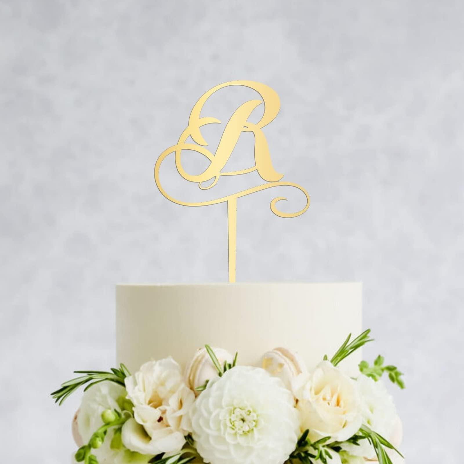 Vinisong Vinisong Personalized Initials R Cake Topper Monogram Cake Topper Rustic Wedding Cake Topper Letter R Cake Topper Acrylic Gold Cake Decoration Birthday Party Decor Supplies