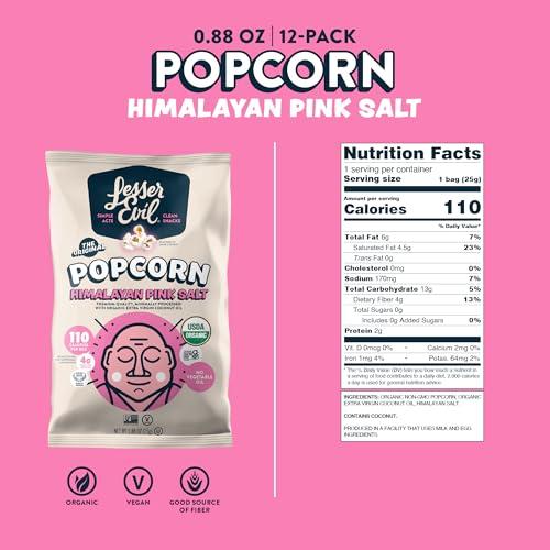 Lesserevil LesserEvil Himalayan Pink Salt Organic Popcorn, No Artificial Ingredients, Coconut Oil, Pack of 12, 0.88 oz Bags