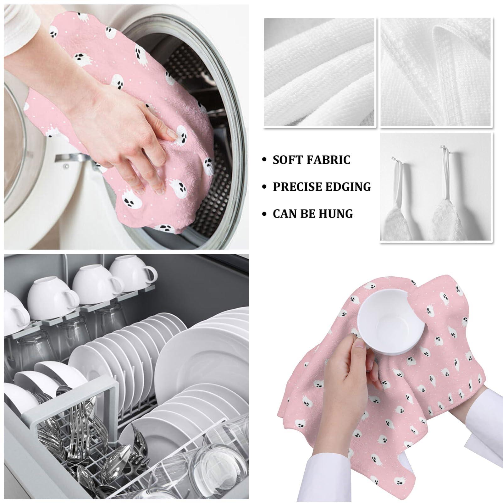 YESOF66 YESOF66 Microfiber Kitchen Dish Cloths, Soft Absorbent Dish Towels Halloween Ghost Texture Pink Reusable Cleaning Cloths Dish Cloth Quick Drying Washable Decorative Tea Towels Hand Towels 2 Pack