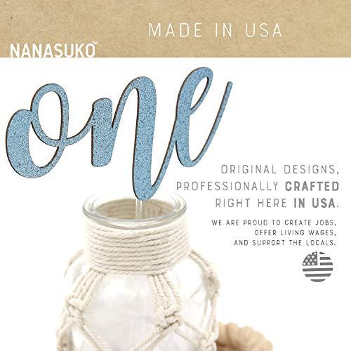 NANASUKO NANASUKO 1st Birthday Cake Topper - one - Double Sided Baby Blue Glitter - Premium Quality Made in USA