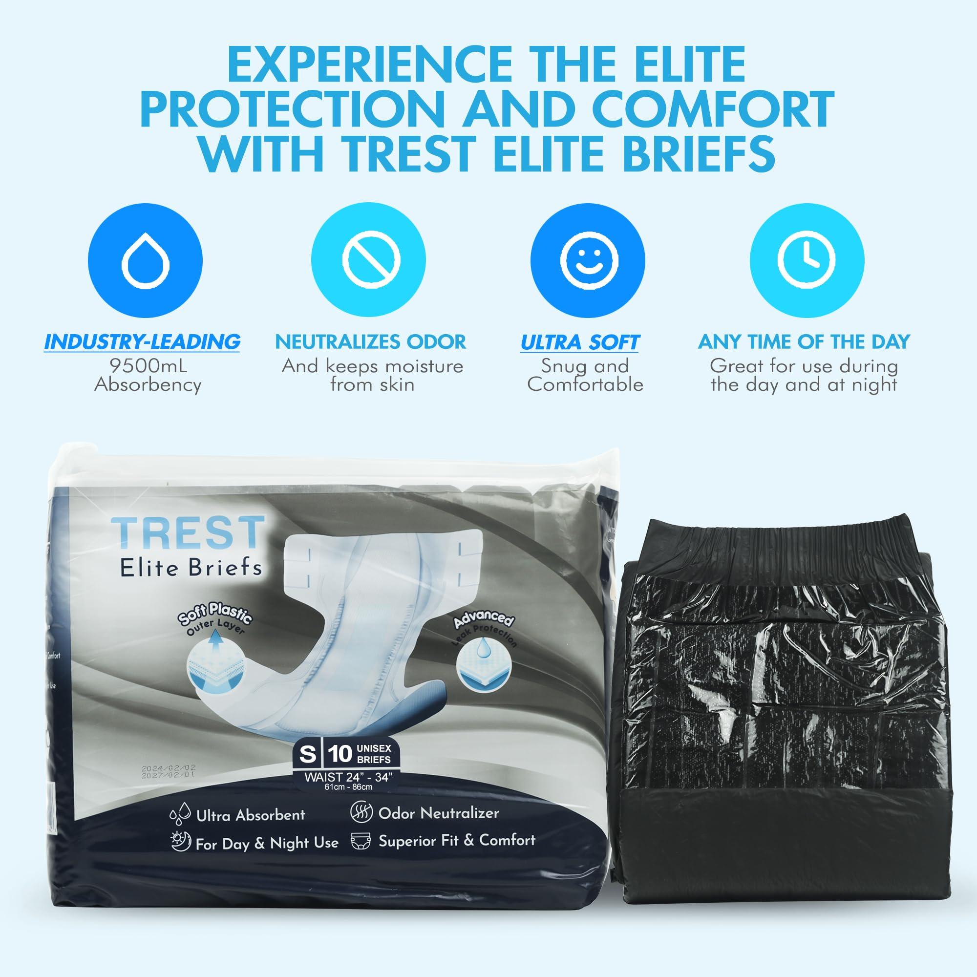Trest Trest Elite Briefs for Men and Women, Overnight Diapers for Incontinence, Elite Absorbency, Comfortable, Odor Neutralizing and Secure Fit with 2 Wide Tabs - Black, Small (Pack of 10)