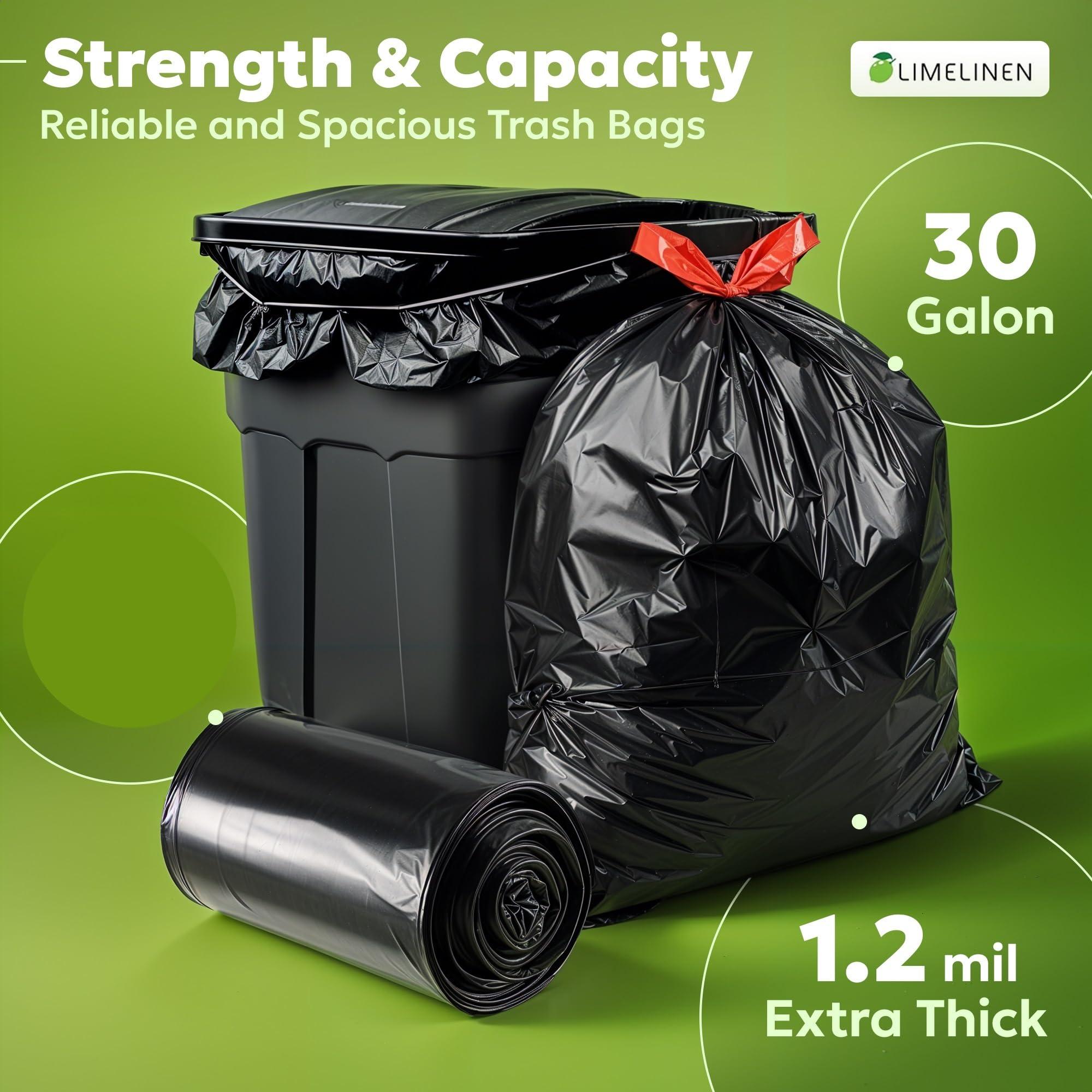 LIMELINEN LIMELINEN 30 Gallon Garbage Trash Bags, 400 Count, 1.2 mil Extra Thick Trash Bags with Drawstring Closure, Leak and Odor-Resistant Large Plastic Bags For Office, Home, Hospital, Big Waste Binst